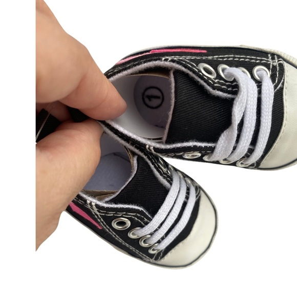 Size 1, Custom made Black Infant Shoes with Pink Embroidered Hearts - Picture 4 of 8